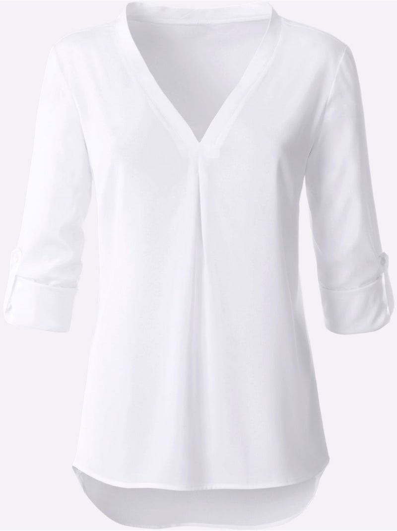 Chemisier col en v long et manches retroussables - taille standard - moda vilona Blanc - Kiabi