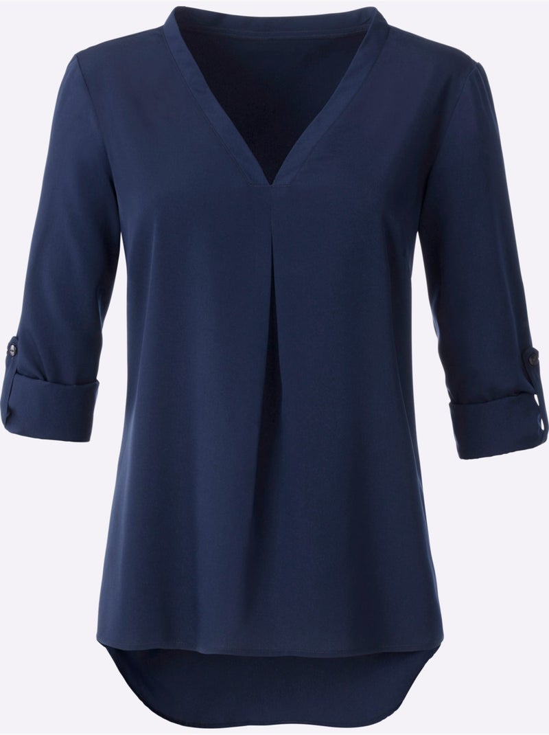 Chemisier col en v long et manches retroussables - taille standard - moda vilona Bleu - Kiabi