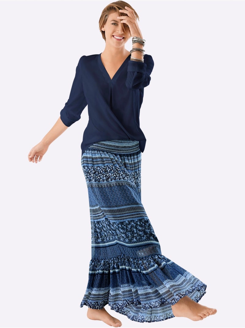 Chemisier col en v long et manches retroussables - taille standard - moda vilona Bleu - Kiabi