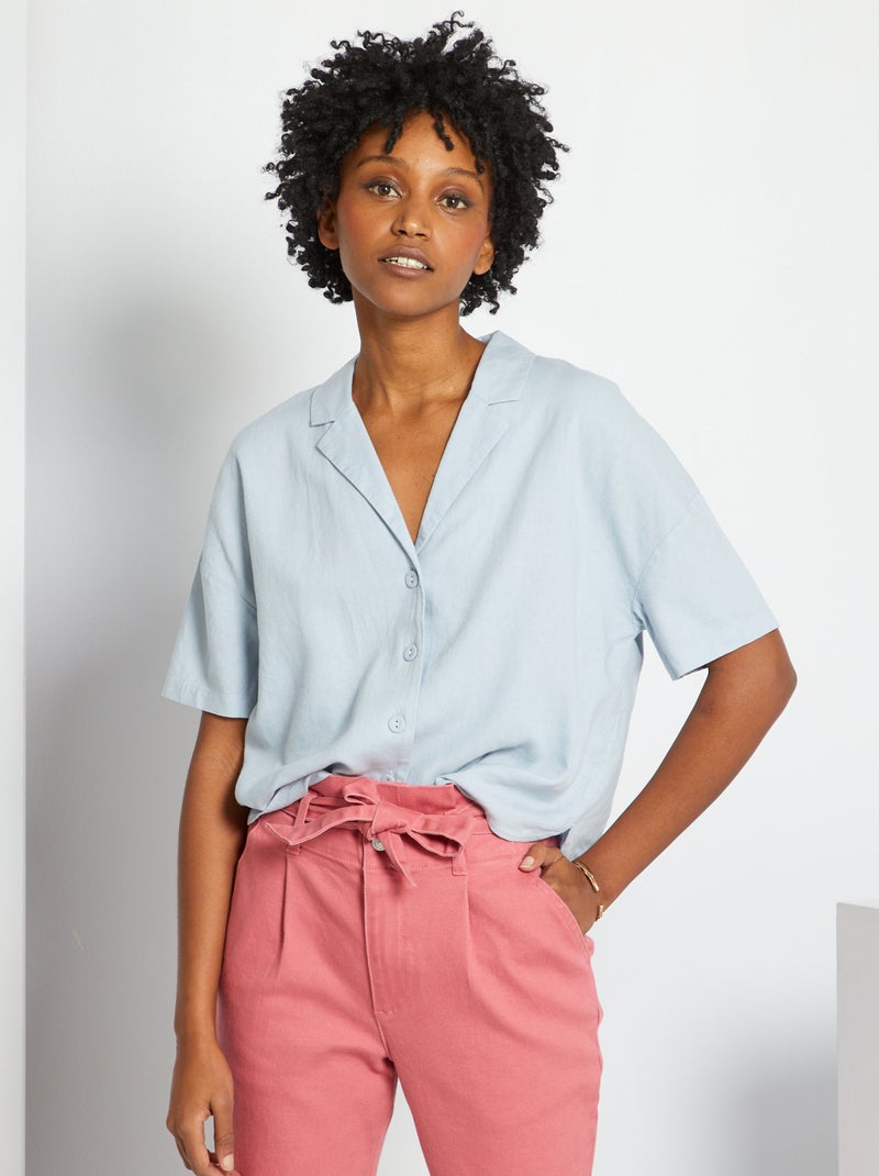 Chemisier col pyjama en lin bleu gris - Kiabi