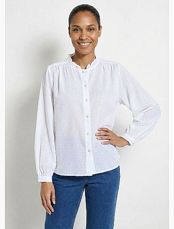 Chemisier col volanté coton plumetis rayé - Afibel