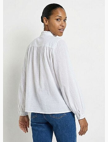 Chemisier col volanté coton plumetis rayé - Afibel