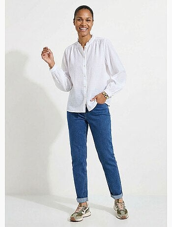 Chemisier col volanté coton plumetis rayé - Afibel