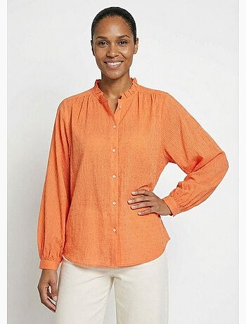 Chemisier col volanté coton plumetis rayé - Afibel