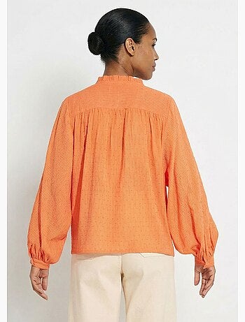 Chemisier col volanté coton plumetis rayé - Afibel