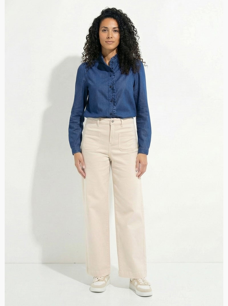 Chemisier col volanté en denim léger - Afibel Bleu denim - Kiabi
