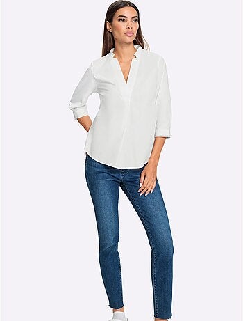 Blouse en coton col V manches trois quarts et ourlet arrondi - Taille standard - Helline