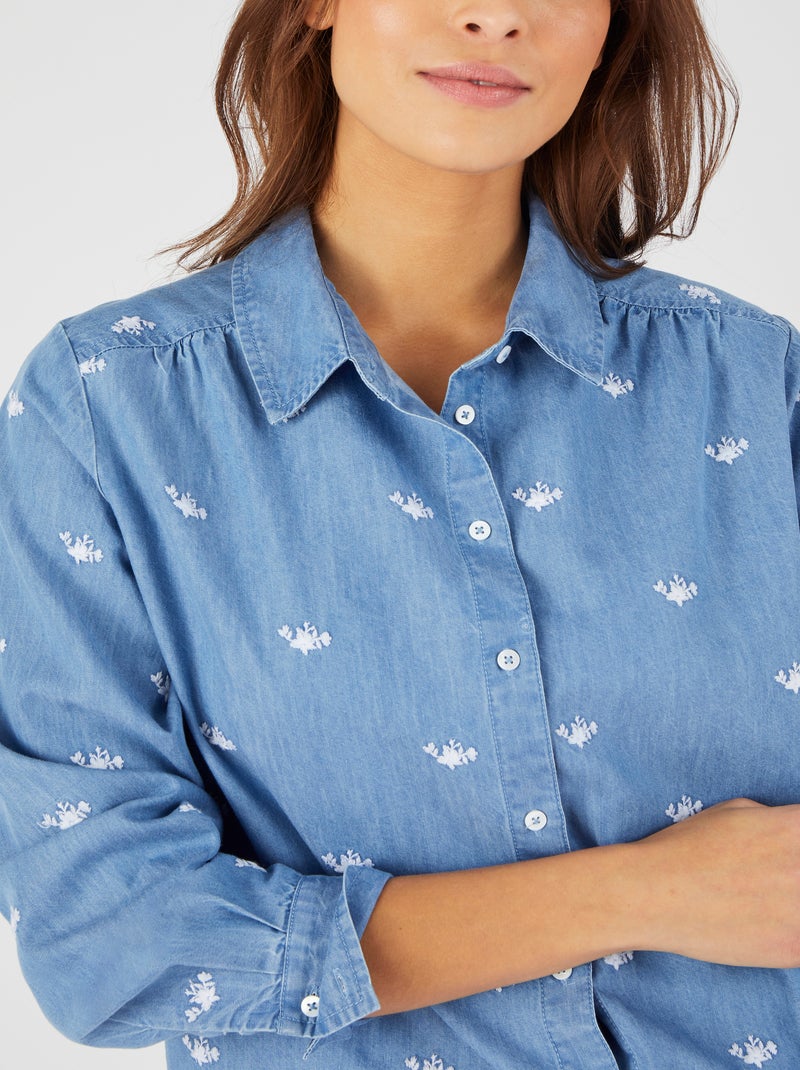 Chemisier coton et lyocell Tencel(TM)  brodé - Damart Bleu denim - Kiabi