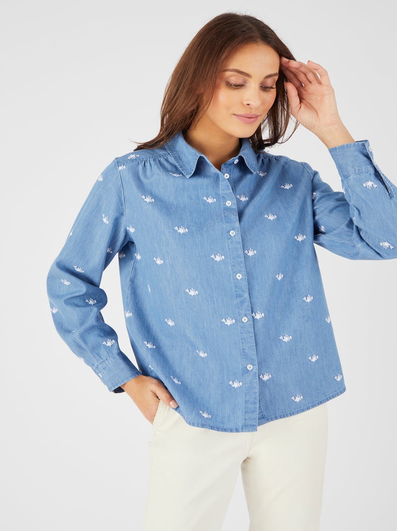 Chemisier coton et lyocell Tencel(TM)  brodé - Damart Bleu denim - Kiabi