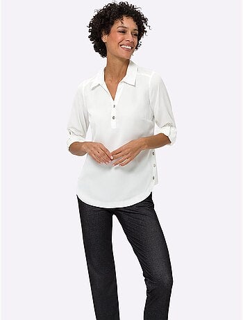 Chemisier crêpé à col chemise et manches retroussables - Taille standard - Moda Vilona
