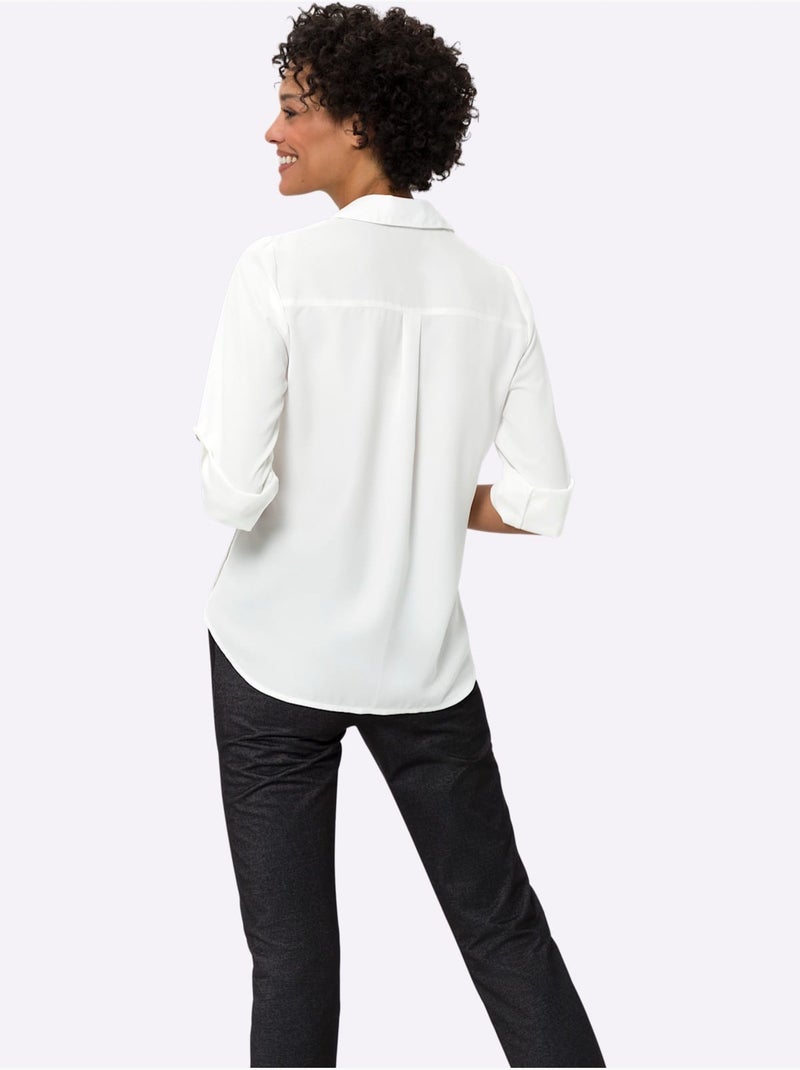 Chemisier crêpé à col chemise et manches retroussables - Taille standard - Moda Vilona Ecru - Kiabi