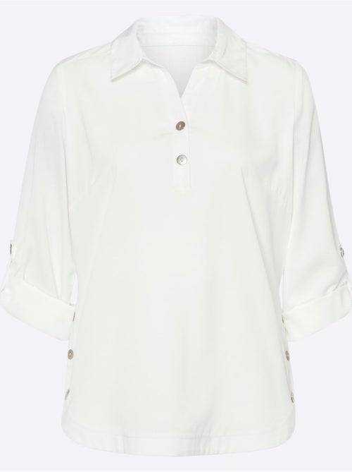 Chemisier crêpé à col chemise et manches retroussables - Taille standard - Moda Vilona - Kiabi Chemisier crêpé à col chemise et manches retroussables - Taille standard - Moda Vilona - Kiabi