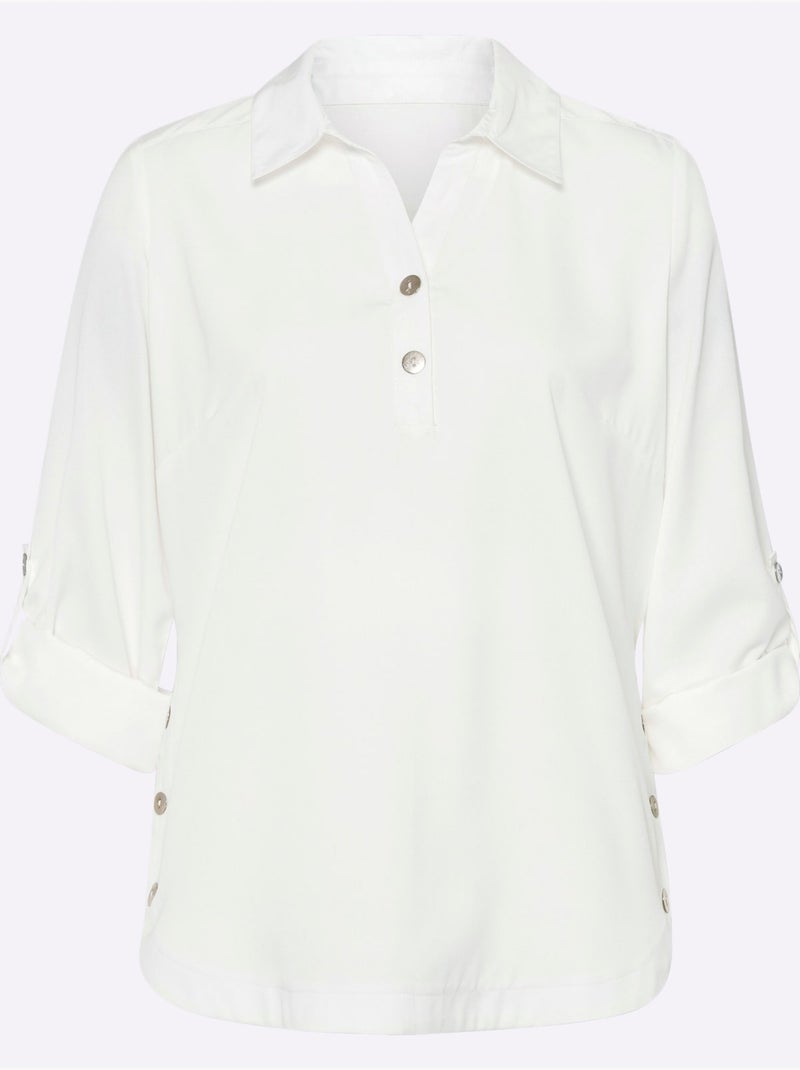 Chemisier crêpé à col chemise et manches retroussables - Taille standard - Moda Vilona Ecru - Kiabi