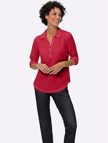 Chemisier crêpé à col chemise et manches retroussables - Taille standard - Moda Vilona