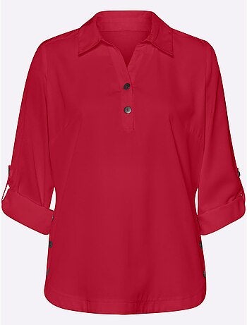 Chemisier crêpé à col chemise et manches retroussables - Taille standard - Moda Vilona
