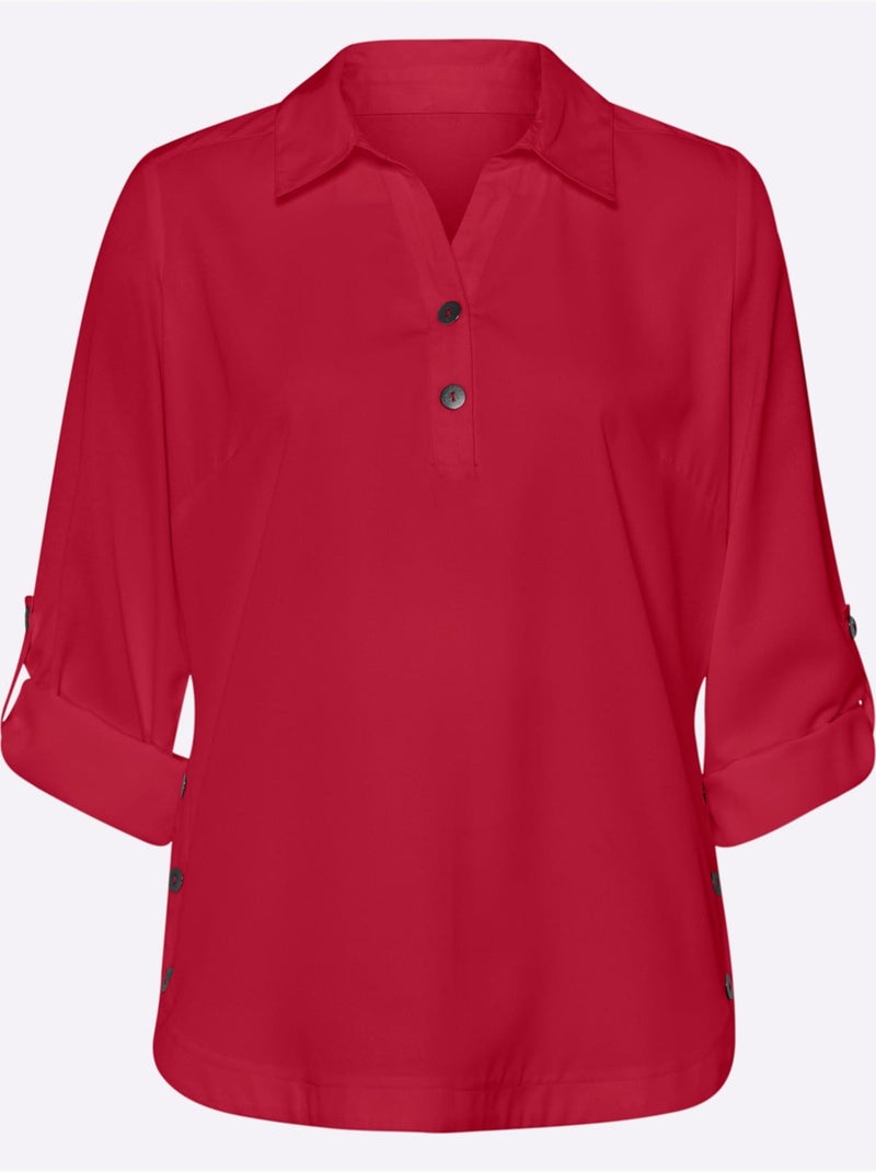 Chemisier crêpé à col chemise et manches retroussables - Taille standard - Moda Vilona Rouge - Kiabi