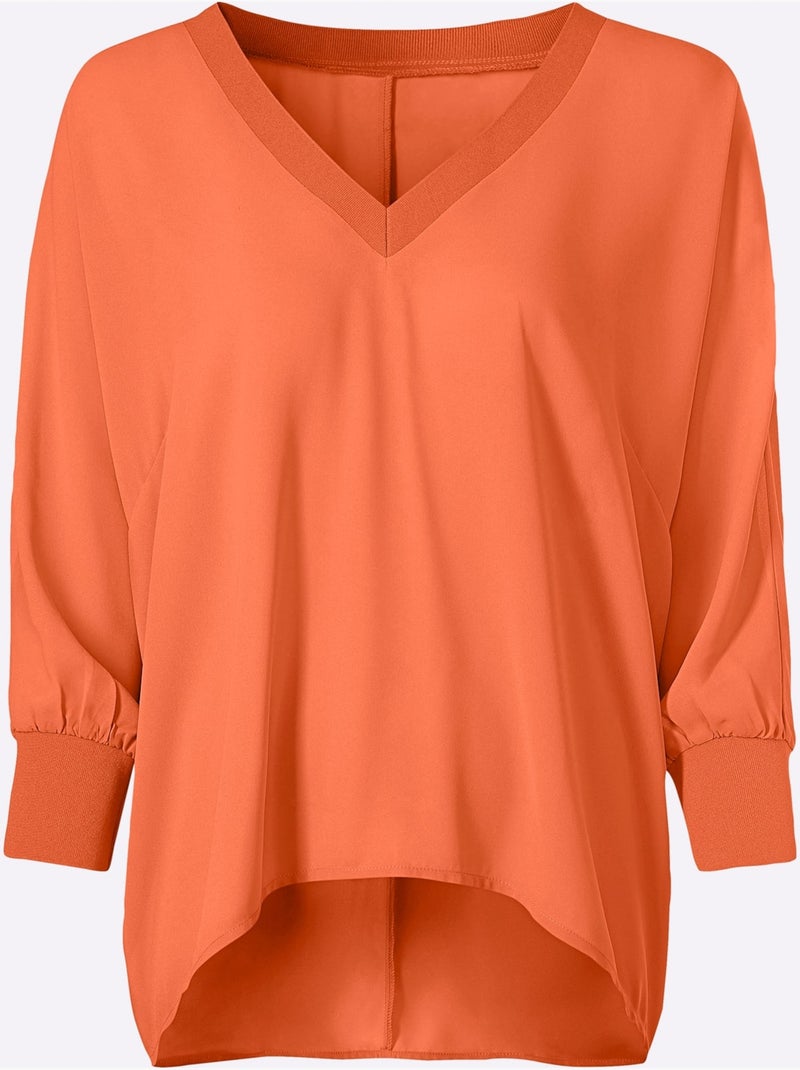Chemisier décontracté en crêpe avec col V et manches côtelées - Taille standard - Helline Orange - Kiabi