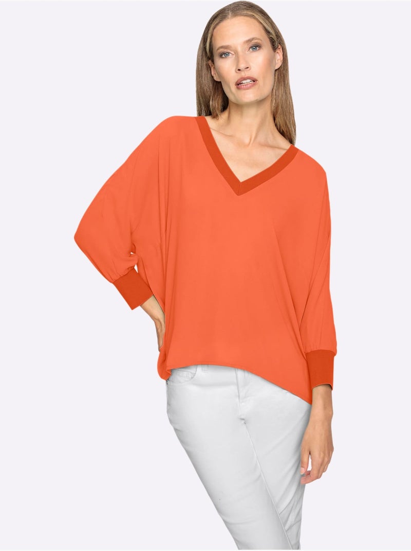 Chemisier décontracté en crêpe avec col V et manches côtelées - Taille standard - Helline Orange - Kiabi