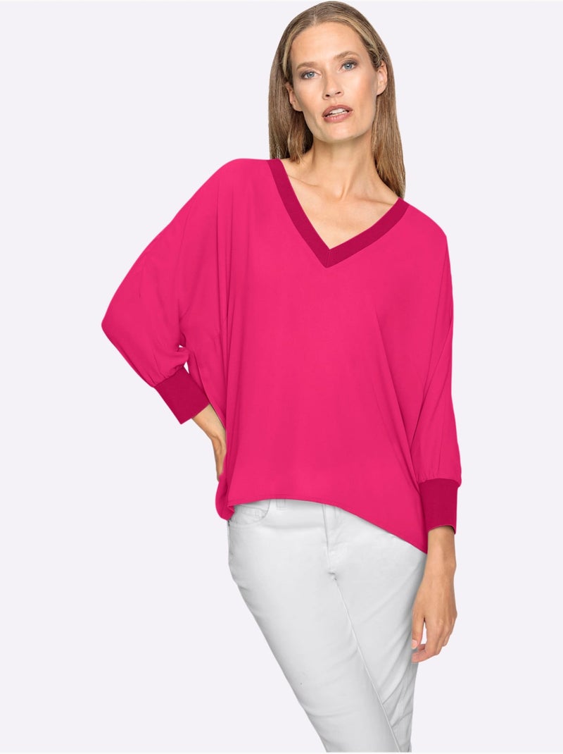 Chemisier décontracté en crêpe avec col V et manches côtelées - Taille standard - Helline Rose fushia - Kiabi