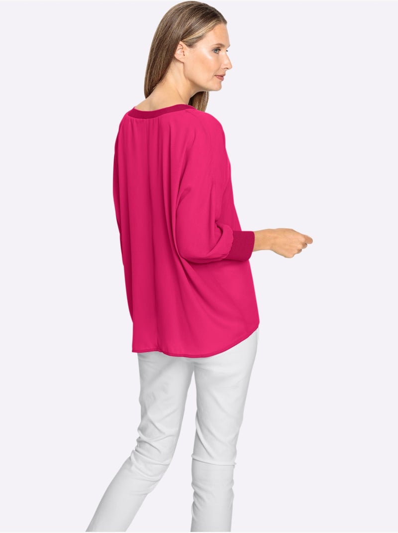 Chemisier décontracté en crêpe avec col V et manches côtelées - Taille standard - Helline Rose fushia - Kiabi