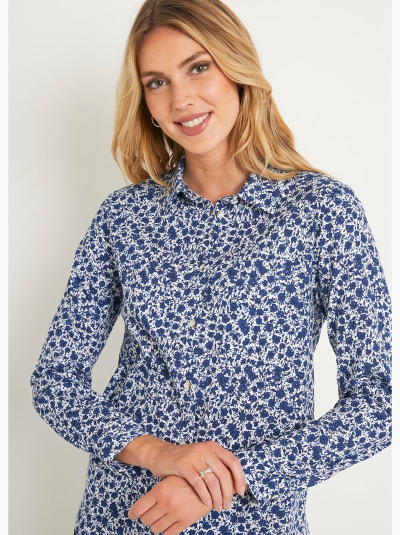 Chemisier droit coton fleuri boutonné - Afibel Bleu - Kiabi
