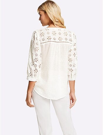 Chemisier en coton à encolure ronde ourlet arrondi et broderie ajourée - Taille standard - Helline