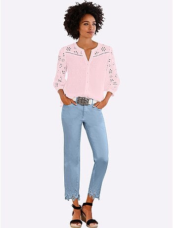 Chemisier en coton à encolure ronde ourlet arrondi et broderie ajourée - Taille standard - Helline