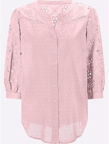 Chemisier en coton à encolure ronde ourlet arrondi et broderie ajourée - Taille standard - Helline