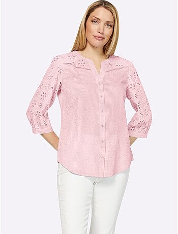 Chemisier en coton à encolure ronde ourlet arrondi et broderie ajourée - Taille standard - Helline