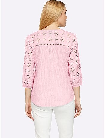 Chemisier en coton à encolure ronde ourlet arrondi et broderie ajourée - Taille standard - Helline