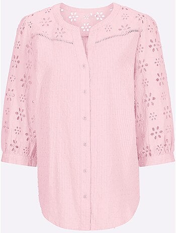 Chemisier en coton à encolure ronde ourlet arrondi et broderie ajourée - Taille standard - Helline