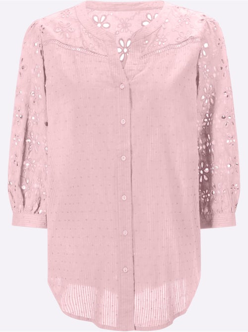Chemisier en coton à encolure ronde ourlet arrondi et broderie ajourée - Taille standard - Helline - Kiabi Chemisier en coton à encolure ronde ourlet arrondi et broderie ajourée - Taille standard - Helline - Kiabi