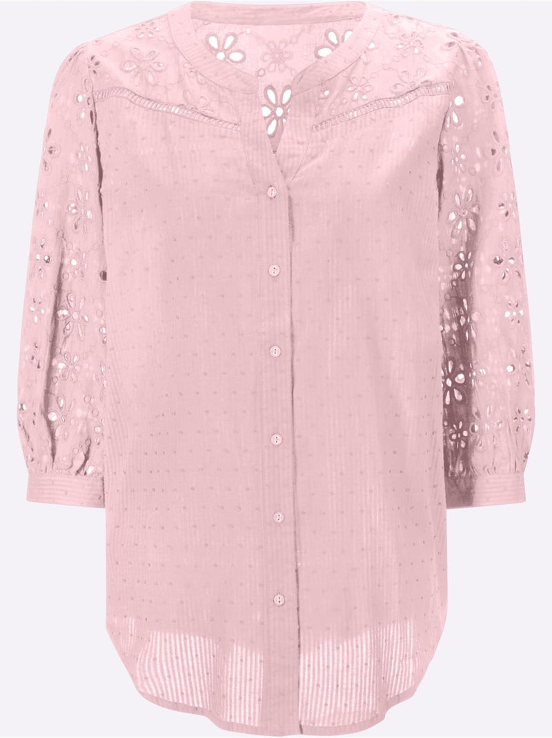 Chemisier en coton à encolure ronde ourlet arrondi et broderie ajourée - Taille standard - Helline Rose clair - Kiabi