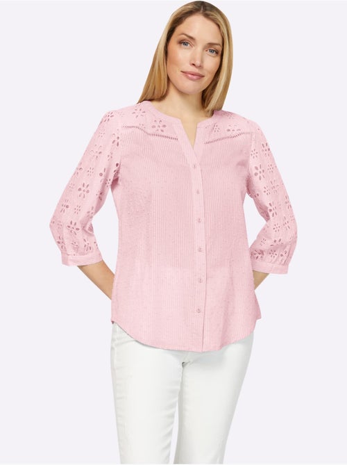 Chemisier en coton à encolure ronde ourlet arrondi et broderie ajourée - Taille standard - Helline - Kiabi Chemisier en coton à encolure ronde ourlet arrondi et broderie ajourée - Taille standard - Helline - Kiabi