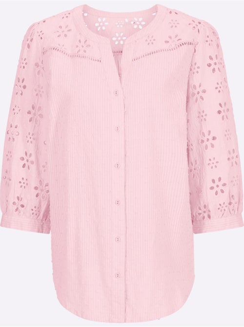 Chemisier en coton à encolure ronde ourlet arrondi et broderie ajourée - Taille standard - Helline - Kiabi Chemisier en coton à encolure ronde ourlet arrondi et broderie ajourée - Taille standard - Helline - Kiabi