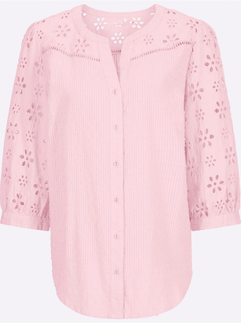 Chemisier en coton à encolure ronde ourlet arrondi et broderie ajourée - Taille standard - Helline Rose clair - Kiabi