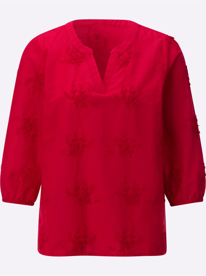 Chemisier en coton avec broderie florale et encolure en V - Taille standard - Witt Rouge - Kiabi