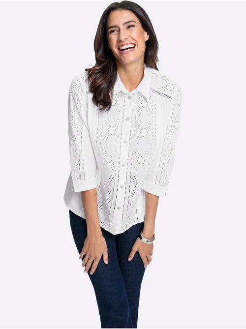 Chemisier en coton avec broderie Madeira col chemise manches trois quart - Taille standard - Witt - Kiabi Chemisier en coton avec broderie Madeira col chemise manches trois quart - Taille standard - Witt - Kiabi
