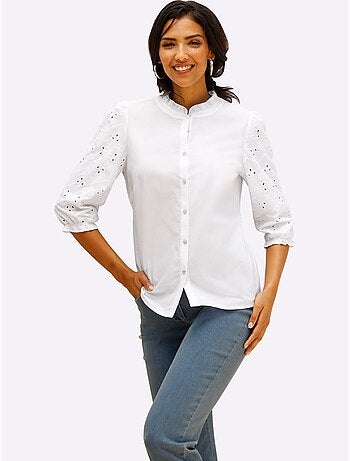 Chemisier en coton avec col volanté et manches 3/4 ajourées - Taille standard - Moda Vilona