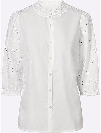 Chemisier en coton avec col volanté et manches 3/4 ajourées - Taille standard - Moda Vilona
