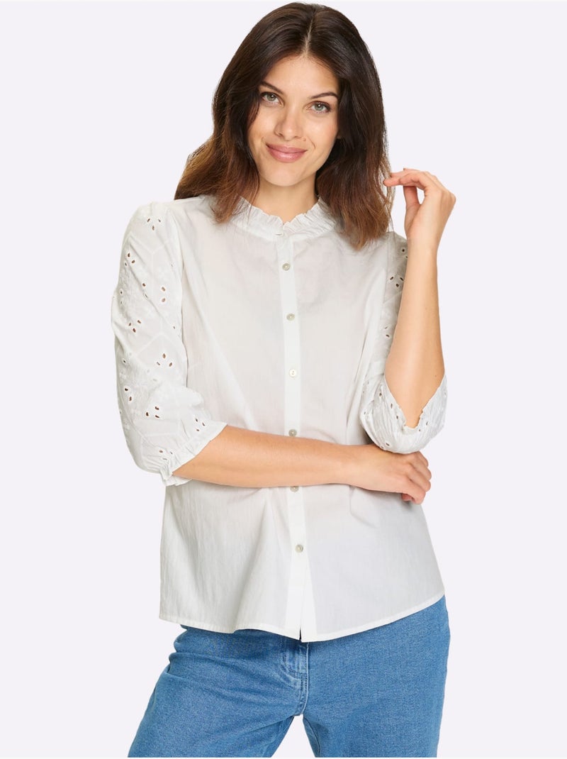 Chemisier en coton avec col rond et manches bouffantes - Taille standard - Moda Vilona Blanc - Kiabi