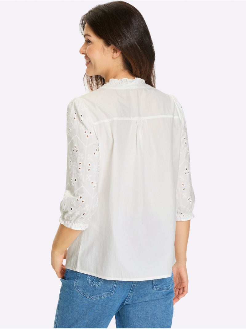 Chemisier en coton avec col rond et manches bouffantes - Taille standard - Moda Vilona Blanc - Kiabi