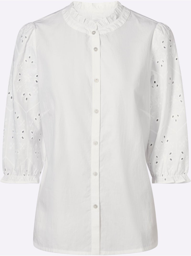 Chemisier en coton avec col rond et manches bouffantes - Taille standard - Moda Vilona Blanc - Kiabi