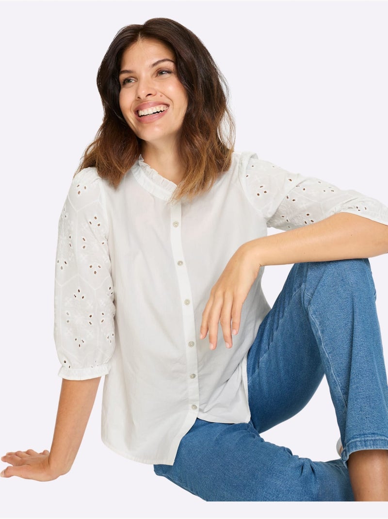 Chemisier en coton avec col rond et manches bouffantes - Taille standard - Moda Vilona Blanc - Kiabi