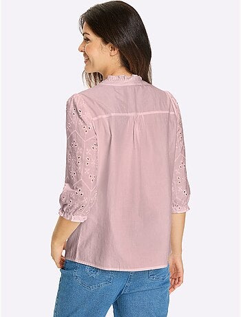Chemisier en coton avec col volanté et manches 3/4 ajourées - Taille standard - Moda Vilona