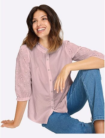 Chemisier en coton avec col volanté et manches 3/4 ajourées - Taille standard - Moda Vilona