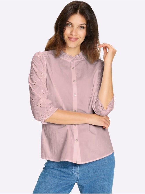 Chemisier en coton avec col volanté et manches 3/4 ajourées - Taille standard - Moda Vilona - Kiabi Chemisier en coton avec col volanté et manches 3/4 ajourées - Taille standard - Moda Vilona - Kiabi