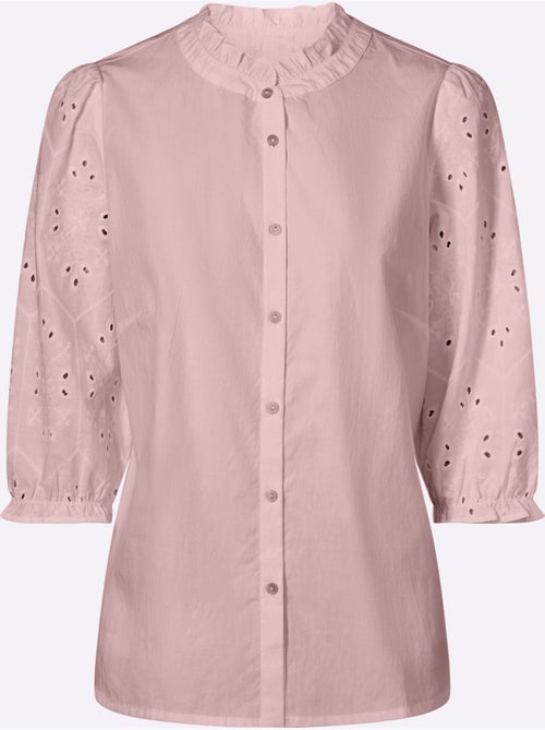 Chemisier en coton avec col volanté et manches 3/4 ajourées - Taille standard - Moda Vilona - Kiabi Chemisier en coton avec col volanté et manches 3/4 ajourées - Taille standard - Moda Vilona - Kiabi
