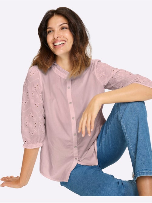 Chemisier en coton avec col volanté et manches 3/4 ajourées - Taille standard - Moda Vilona - Kiabi Chemisier en coton avec col volanté et manches 3/4 ajourées - Taille standard - Moda Vilona - Kiabi