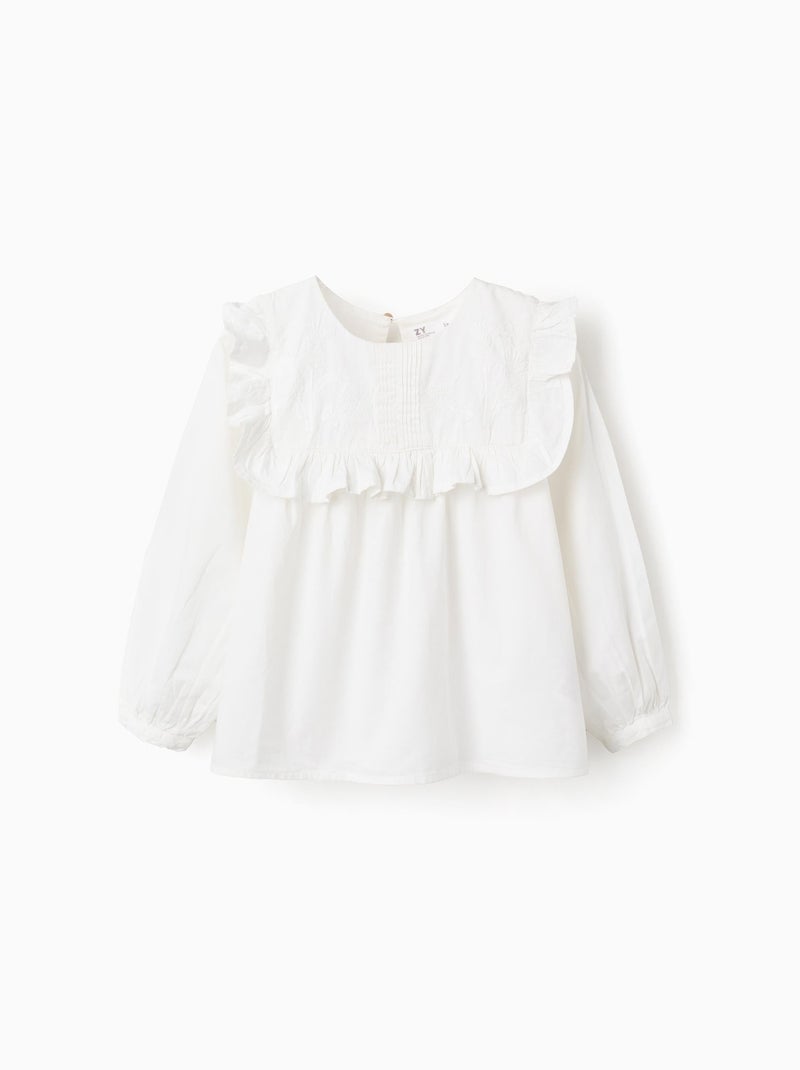 Chemisier en Coton avec Volants et Broderies Blanc - Kiabi
